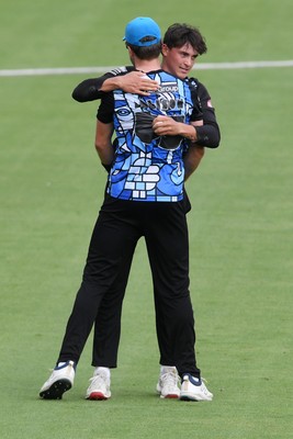 050726 - Glamorgan v Worcestershire Rapids - Vitality Blast Men - Dan Lategan of Worcestershire celebrates after he  catches the ball to dismiss Nathan McAndrew of Glamorgan