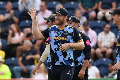 050726 - Glamorgan v Worcestershire Rapids - Vitality Blast Men - Jimmy Neesham of Glamorgan catches the ball to dismiss Matthew Waite of Worcestershire 