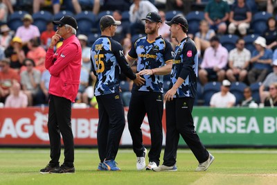 050726 - Glamorgan v Worcestershire Rapids - Vitality Blast Men - Jimmy Neesham of Glamorgan catches the ball to dismiss Matthew Waite of Worcestershire 