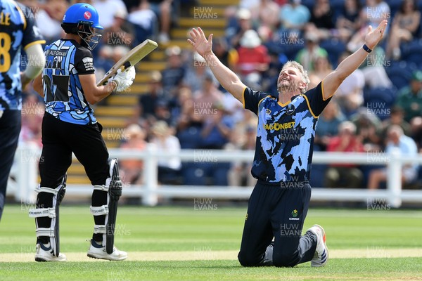 050726 - Glamorgan v Worcestershire Rapids - Vitality Blast Men - Timm Van Der Gugten of Glamorgan bowls the ball to dismiss Kashif Ali of Worcestershire and celebrates