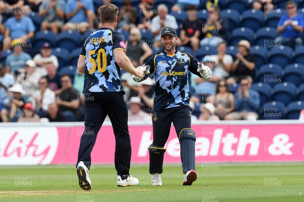 050726 - Glamorgan v Worcestershire Rapids - Vitality Blast Men - Jimmy Neesham of Glamorgan bowls the ball to dismiss Gareth Roderick of Worcestershire