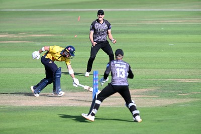090826 - Glamorgan v Worcestershire Rapids - Metro Bank One Day Cup Men - Ben Gibbon of Worcestershire runs out Tom Norton of Glamorgan