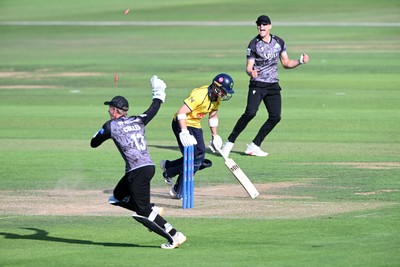 090826 - Glamorgan v Worcestershire Rapids - Metro Bank One Day Cup Men - Ben Gibbon of Worcestershire runs out Tom Norton of Glamorgan