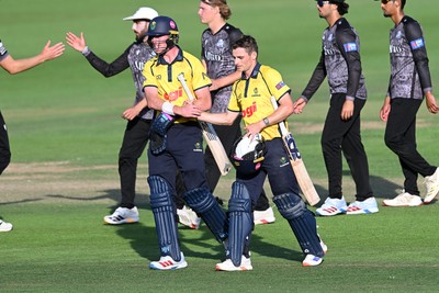 090826 - Glamorgan v Worcestershire Rapids - Metro Bank One Day Cup Men - Andy Gorvin of Glamorgan celebrates with Romano Franco of Glamorgan after winning the match on the final ball