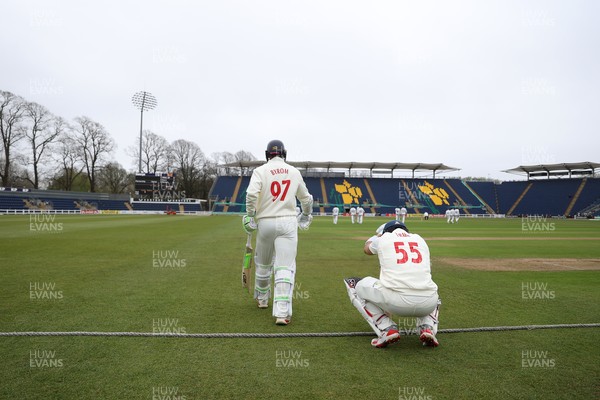 030426 - Glamorgan v Yorkshire - Rothesay County Championship Division One - Eddie Byrom and Asa Tribe of Glamorgan enter the field