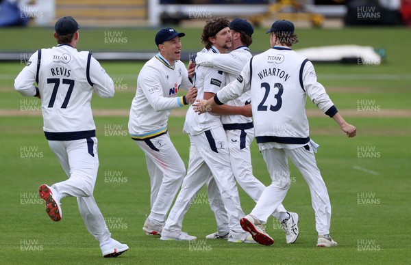 030426 - Glamorgan v Yorkshire - Rothesay County Championship Division One - Jack White of Yorkshire celebrates with team mates after Asa Tribe was caught by Jonny Bairstow