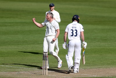 050426 - Glamorgan v Yorkshire - Rothesay County Championship Division One - Timm Van Der Gugten of Glamorgan celebrates taking the wicket of Finlay Bean caught by Chris Cooke