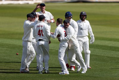 050426 - Glamorgan v Yorkshire - Rothesay County Championship Division One - Mason Crane of Glamorgan celebrates taking the wicket of James Wharton for LBW
