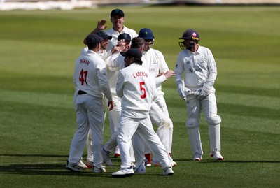 050426 - Glamorgan v Yorkshire - Rothesay County Championship Division One - Mason Crane of Glamorgan celebrates taking the wicket of James Wharton for LBW