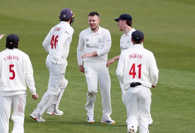 050426 - Glamorgan v Yorkshire - Rothesay County Championship Division One - Mason Crane of Glamorgan celebrates taking the wicket of Will Luxton of Yorkshire