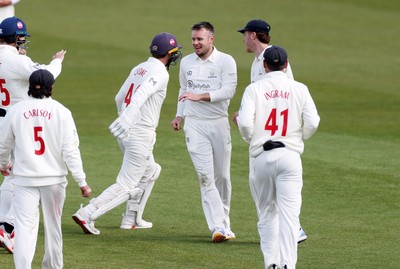 050426 - Glamorgan v Yorkshire - Rothesay County Championship Division One - Mason Crane of Glamorgan celebrates taking the wicket of Will Luxton of Yorkshire