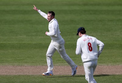 050426 - Glamorgan v Yorkshire - Rothesay County Championship Division One - Mason Crane of Glamorgan celebrates taking the wicket of George Hill of Yorkshire