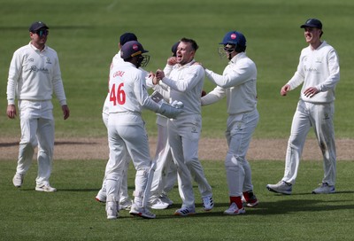 050426 - Glamorgan v Yorkshire - Rothesay County Championship Division One - Mason Crane of Glamorgan celebrates taking the wicket of George Hill of Yorkshire