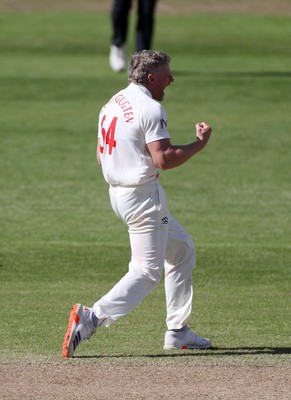 050426 - Glamorgan v Yorkshire - Rothesay County Championship Division One - Timm Van Der Gugten of Glamorgan celebrates taking the wicket of Dom Bess