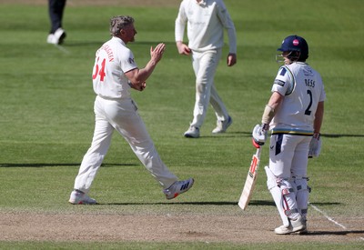 050426 - Glamorgan v Yorkshire - Rothesay County Championship Division One - Timm Van Der Gugten of Glamorgan celebrates taking the wicket of Dom Bess