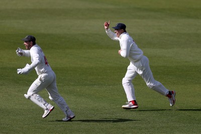 050426 - Glamorgan v Yorkshire - Rothesay County Championship Division One - Asa Tribe of Glamorgan celebrates after catches the ball to dismiss Logan van Beek