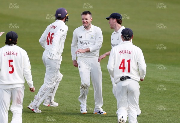 050426 - Glamorgan v Yorkshire - Rothesay County Championship Division One - Mason Crane of Glamorgan celebrates taking the wicket of Will Luxton of Yorkshire