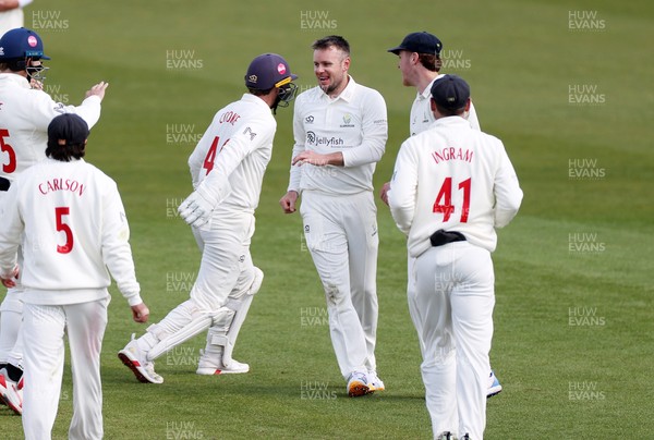 050426 - Glamorgan v Yorkshire - Rothesay County Championship Division One - Mason Crane of Glamorgan celebrates taking the wicket of Will Luxton of Yorkshire