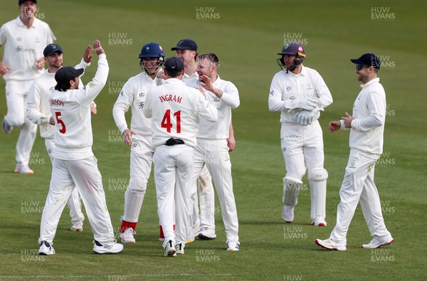 050426 - Glamorgan v Yorkshire - Rothesay County Championship Division One - Mason Crane of Glamorgan celebrates taking the wicket of Will Luxton of Yorkshire