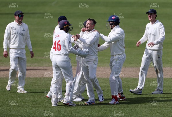 050426 - Glamorgan v Yorkshire - Rothesay County Championship Division One - Mason Crane of Glamorgan celebrates taking the wicket of George Hill of Yorkshire