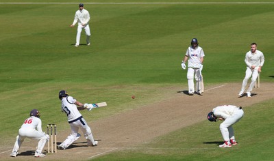 060426 - Glamorgan v Yorkshire, Rothesay County Championship, Division One - Finlay Bean of Yorkshire plays a shot off Mason Crane of Glamorgan