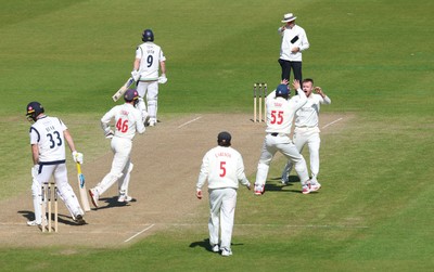 060426 - Glamorgan v Yorkshire, Rothesay County Championship, Division One - Mason Crane of Glamorgan celebrates with team mates as he takes the wicket of as Finlay Bean of Yorkshire lbw