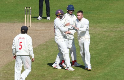 060426 - Glamorgan v Yorkshire, Rothesay County Championship, Division One - Mason Crane of Glamorgan celebrates with team mates as he takes the wicket of as Finlay Bean of Yorkshire lbw