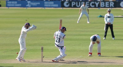 060426 - Glamorgan v Yorkshire, Rothesay County Championship, Division One - Chris Cooke of Glamorgan  celebrates as James Wharton of Yorkshire is bowled by Mason Crane of Glamorgan