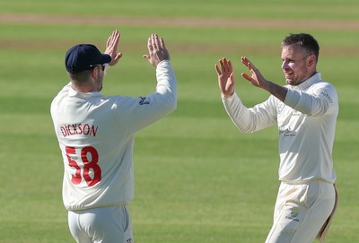 060426 - Glamorgan v Yorkshire, Rothesay County Championship, Division One - Mason Crane of Glamorgan celebrates after bowling out James Wharton of Yorkshire
