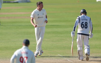 060426 - Glamorgan v Yorkshire, Rothesay County Championship, Division One - Ryan Hadley of Glamorgan celebrates after taking the wicket of Will Luxton of Yorkshire lbw