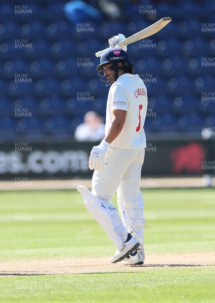 060426 - Glamorgan v Yorkshire, Rothesay County Championship, Division One - Kiran Carlson of Glamorgan celebrates as he reaches 50 runs