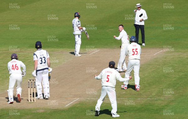 060426 - Glamorgan v Yorkshire, Rothesay County Championship, Division One - Glamorgan celebrate as Finlay Bean of Yorkshire is given out lbw off the bowling of Mason Crane of Glamorgan
