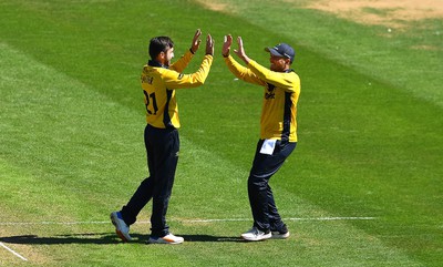 100822 - Glamorgan v Yorkshire - Royal London One-Day Cup - Andrew Salter of Glamorgan celebrates the wicket of Will Fraine of Yorkshire