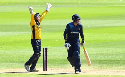 100822 - Glamorgan v Yorkshire - Royal London One-Day Cup - Tom Cullen of Glamorgan celebrates the wicket of George Hill of Yorkshire