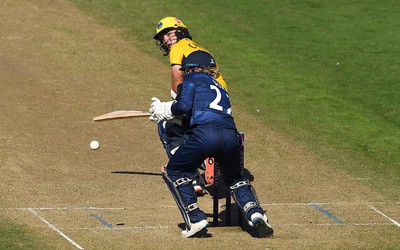 100822 - Glamorgan v Yorkshire - Royal London One-Day Cup - Kiran Carlson of Glamorgan hits a shot