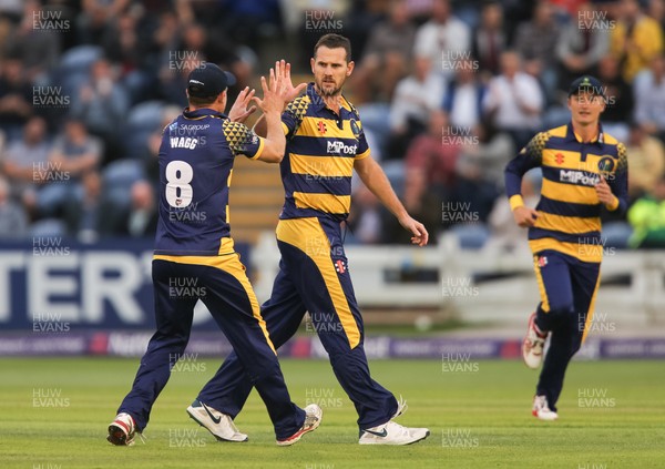 110816 - Glamorgan v Yorkshire Vikings, NatWest T20 Blast Quarter Final -  Shaun Tait of Glamorgan and Graham Wagg of Glamorgan celebrate after Adam Lyth of Yorkshire Vikings is caught out