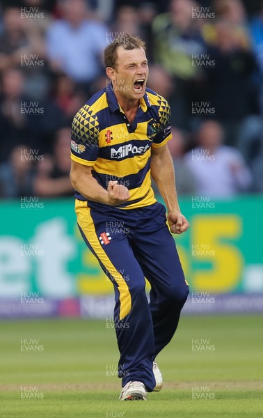 110816 - Glamorgan v Yorkshire Vikings, NatWest T20 Blast Quarter Final -  Graham Wagg of Glamorgan celebrates after Alex Lees of Yorkshire Vikings is caught out