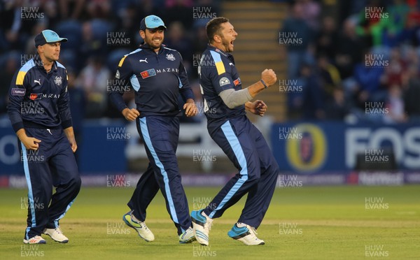 110816 - Glamorgan v Yorkshire Vikings, NatWest T20 Blast Quarter Final -  Tim Bresnan of Yorkshire Vikings celebrates after bowling out David Lloyd of Glamorgan with the first ball