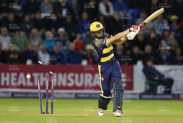 110816 - Glamorgan v Yorkshire Vikings, NatWest T20 Blast Quarter Final -  Aneurin Donald of Glamorgan is bowled by David Willey of Yorkshire Vikings