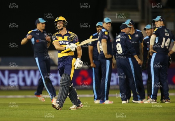 110816 - Glamorgan v Yorkshire Vikings, NatWest T20 Blast Quarter Final -  Graham Wagg of Glamorgan is bowled out by Liam Plunkett of Yorkshire Vikings