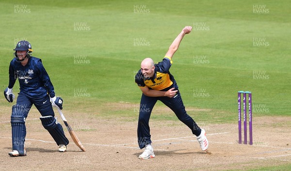 120821 - Glamorgan v Yorkshire - Royal London Cup - James Weighell of Glamorgan bowls