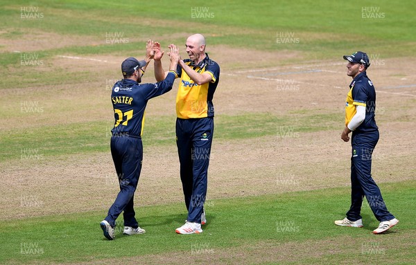 120821 - Glamorgan v Yorkshire - Royal London Cup - James Weighell of Glamorgan celebrates the wicket of Dom Bess