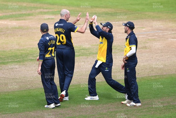 120821 - Glamorgan v Yorkshire - Royal London Cup - James Weighell of Glamorgan celebrates the wicket of Dom Bess