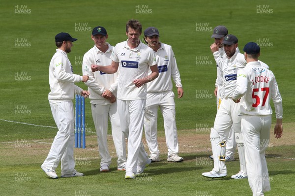 150521 - Glamorgan v Yorkshire, LV= County Championship Group Three - Michael Hogan of Glamorgan is congratulated after taking the wicket of Jordan Thompson of Yorkshire
