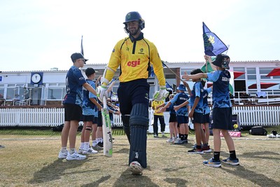 240726 - Glamorgan v Yorkshire - Metro Bank One Day Cup Men - Eddie Byrom of Glamorgan runs out at the start of the match