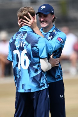 240726 - Glamorgan v Yorkshire - Metro Bank One Day Cup Men - Ben Cliff of Yorkshire celebrates with team mates after he catches the ball to dismiss Henry Hurle of Glamorgan