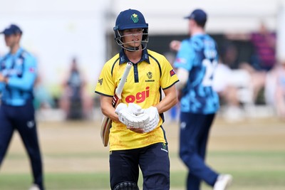 240726 - Glamorgan v Yorkshire - Metro Bank One Day Cup Men - Jack Hope-Bell of Glamorgan was LBW to Jack White of Yorkshire