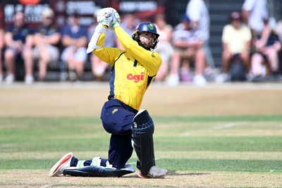240726 - Glamorgan v Yorkshire - Metro Bank One Day Cup Men - Eddie Byrom of Glamorgan hits the ball for six runs to get his 50