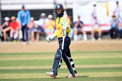 240726 - Glamorgan v Yorkshire - Metro Bank One Day Cup Men - Eddie Byrom of Glamorgan hits the ball for six runs to get his 50