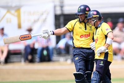 240726 - Glamorgan v Yorkshire - Metro Bank One Day Cup Men - Timm Van Der Gugten of Glamorgan and Alex Horton of Glamorgan